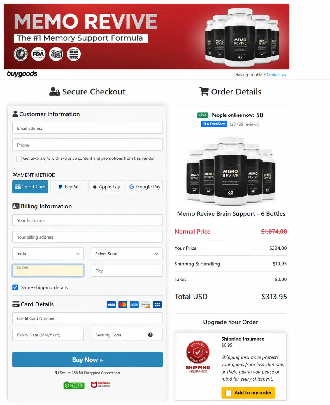 Memo Revive order and checkout information
